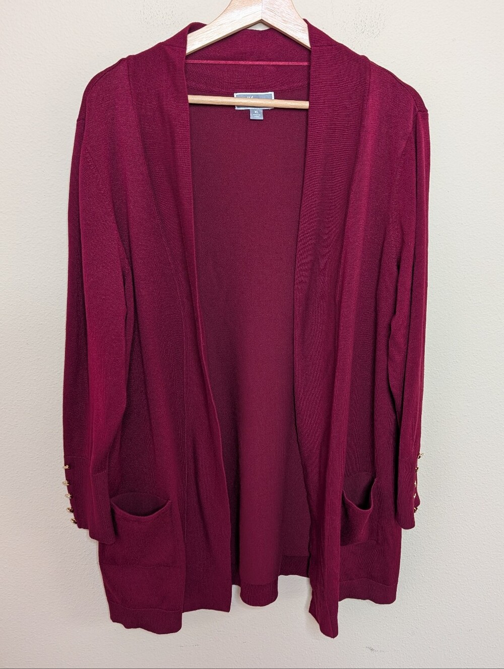 JM Collection Burgundy Open Front Cardigan Gold Button Cuffs Size XL